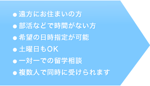 無料カウンセリング　●遠方にお住まいの方　●部活などで時間がない方　●希望の日時指定が可能　●土曜日もOK　●一対一での留学相談　●複数人で同時に受けられます