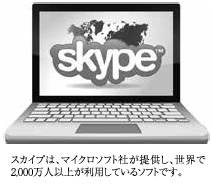 スカイプはマイクロソフト社が提供し、世界で2,000万人以上が利用しているソフトです。